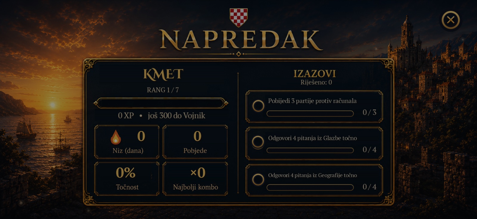 Ekran Napredak u Lumenu — rang Kmet, XP traka, statistika te tri aktivna izazova