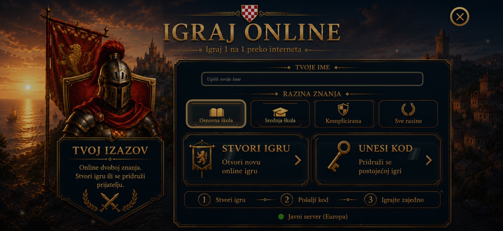 Ekran Igraj online — unos imena, razina znanja te opcije Stvori igru i Unesi kod