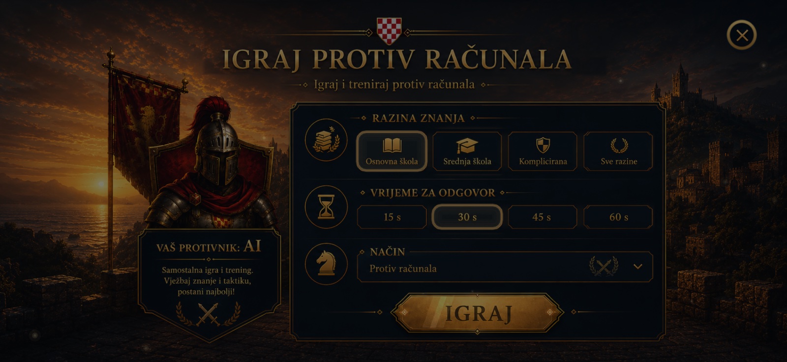 Ekran Protiv računala s razinama težine protivnika