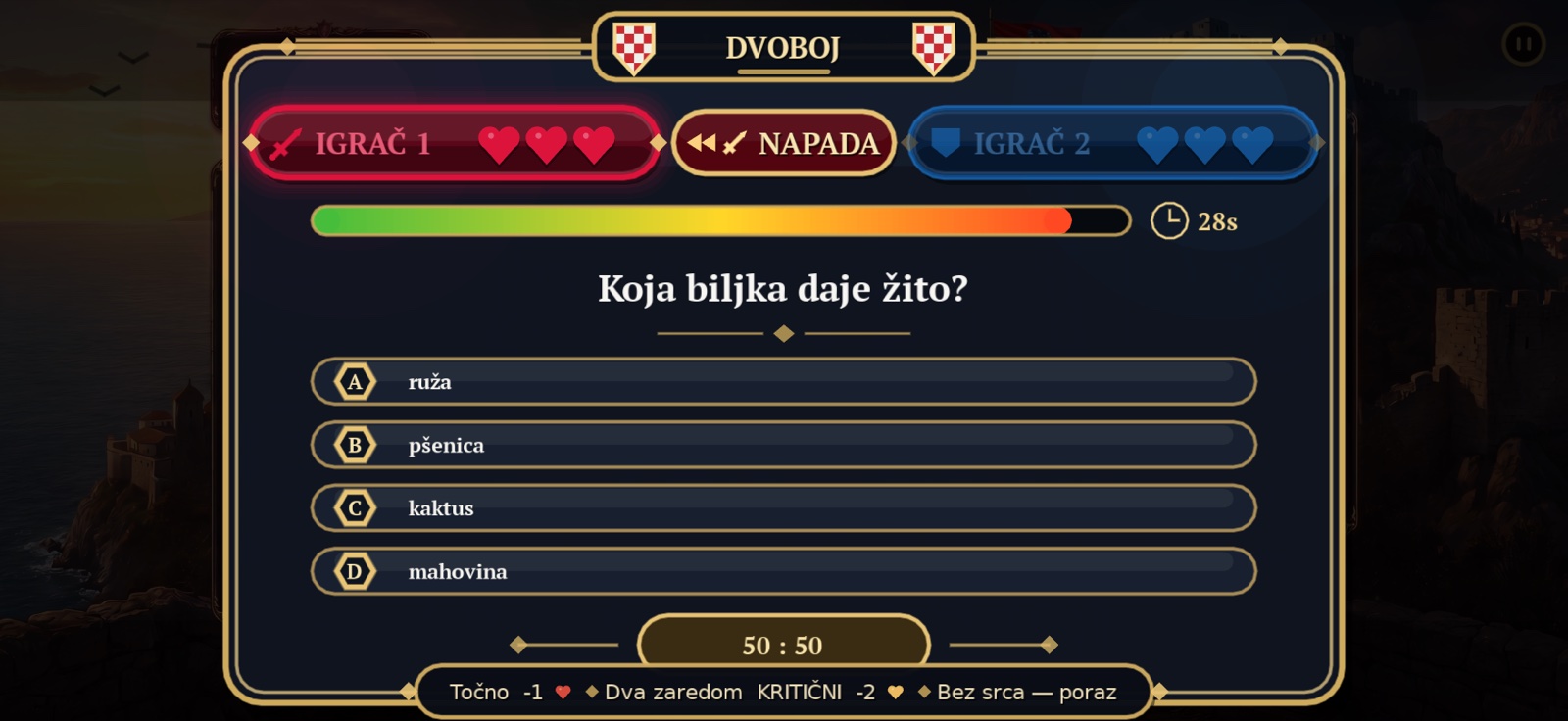 Dvoboj u Lumenu — Igrač 1 napada, oba igrača imaju tri srca, pitanje s četiri odgovora