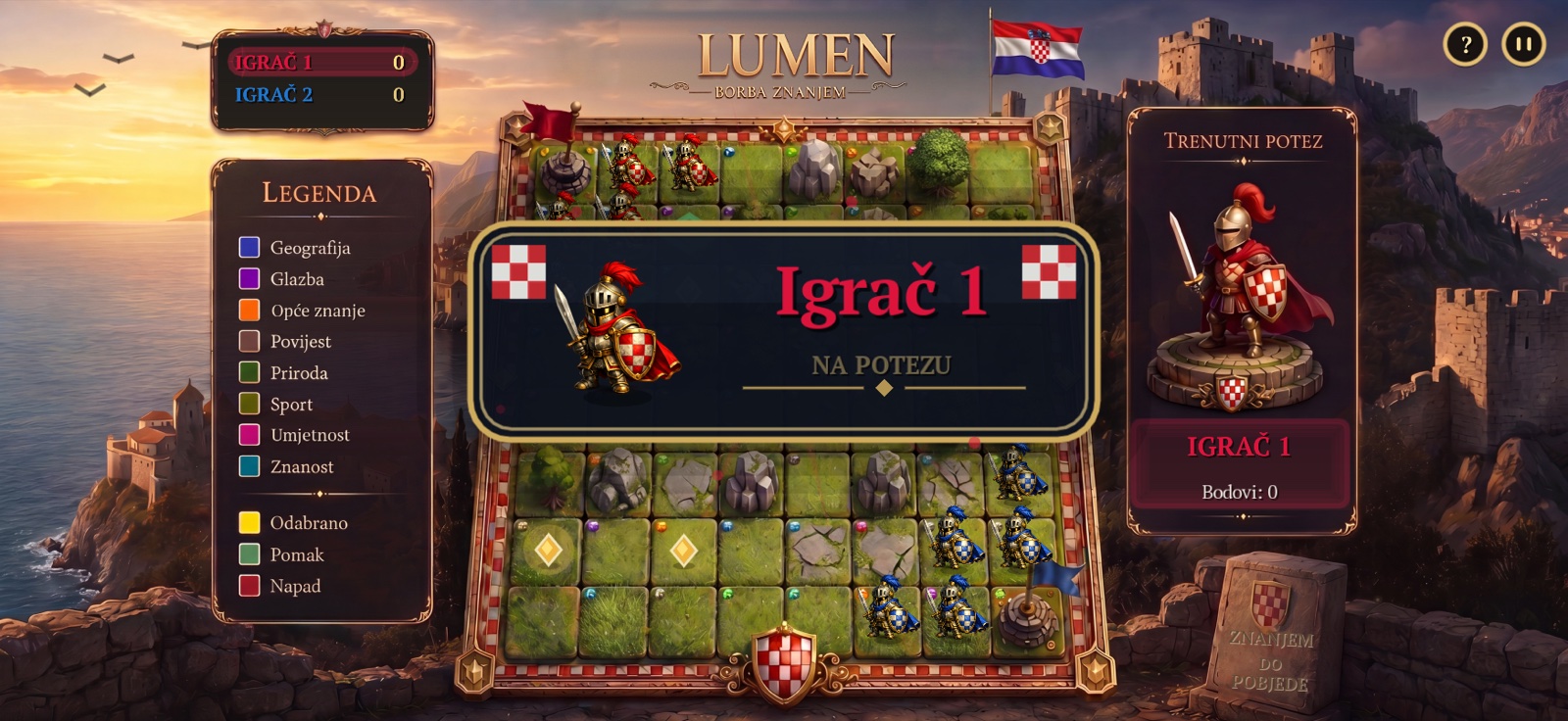 Ploča igre Lumen s viteškim figurama, legendom kategorija i označenim potezima