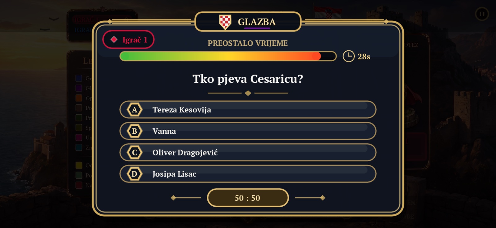 Ekran pitanja u Lumenu — kategorija Glazba, pitanje s četiri ponuđena odgovora i vremenskom trakom