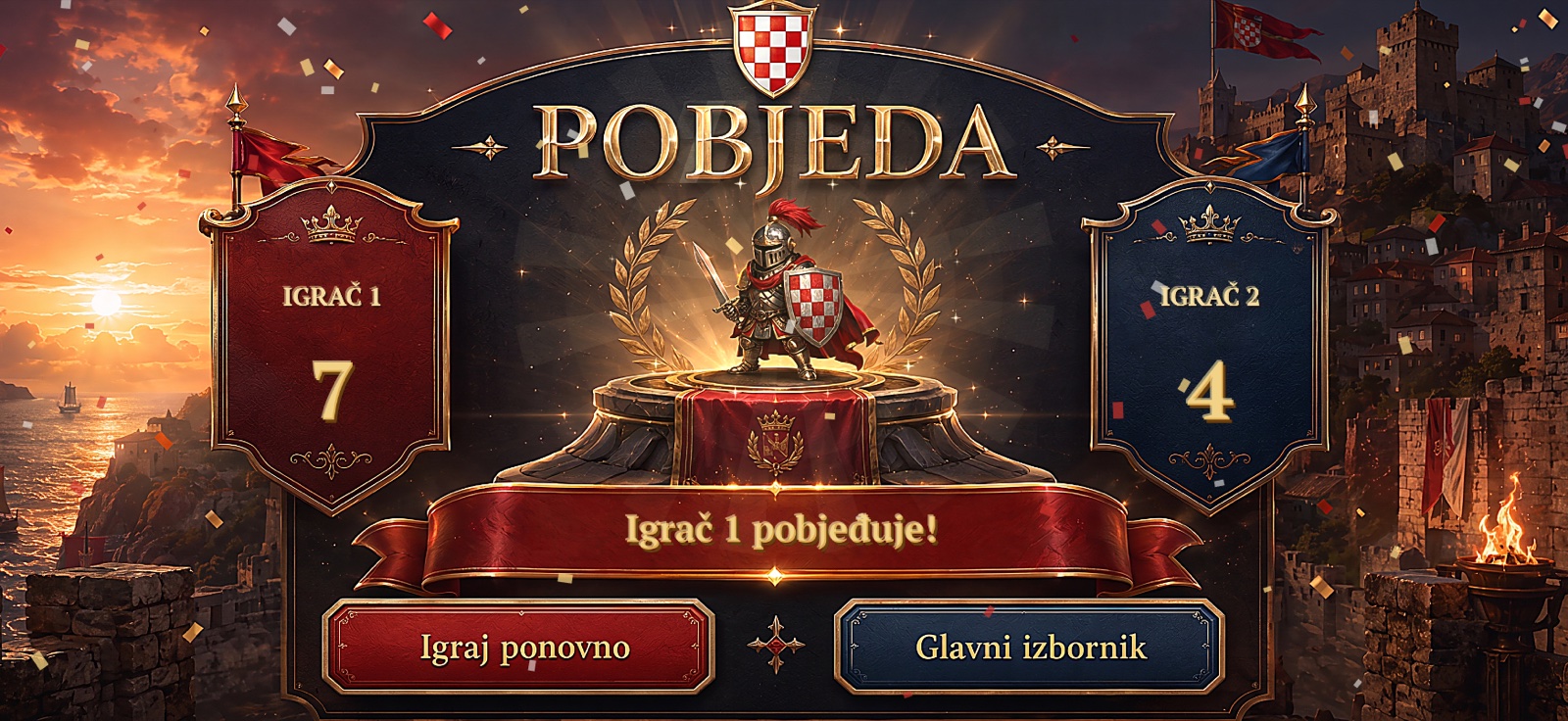 Pobjednički ekran igre Lumen — natpis Pobjeda, vitez na postolju i rezultat 7 : 4
